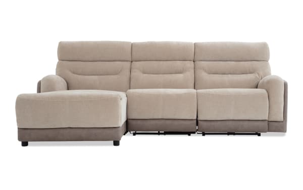 Phantom Beige 104'' power reclining sectional with left arm chaise, armless recliner, plush polyester fabric upholstery, transitional style, USB and USB-C ports, and memory foam cushioning.