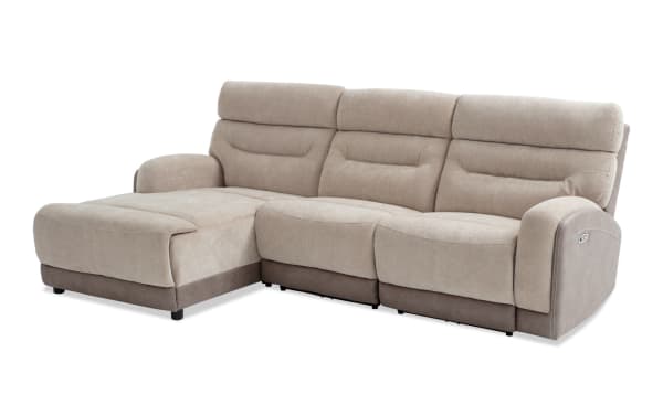 Phantom Beige 104'' transitional fabric sectional with left arm chaise, armless power recliner, plush polyester upholstery, USB/USB-C ports, and memory foam.