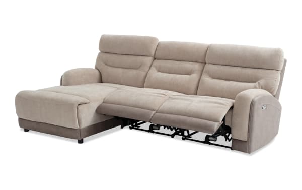 Phantom Beige 104'' power reclining 3-piece sectional with left arm chaise, armless recliner, plush polyester fabric, transitional style, USB and USB-C ports.