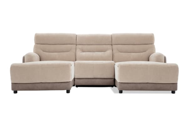 Phantom Beige 104'' power reclining 3-piece dual chaise sectional in plush beige polyester fabric with USB/USB-C ports, transitional style, and memory foam cushions.