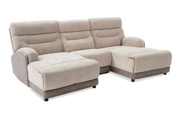 Phantom Beige 104'' power reclining 3-piece dual chaise sectional in beige polyester fabric with plush cushions, USB & USB-C ports, transitional style.