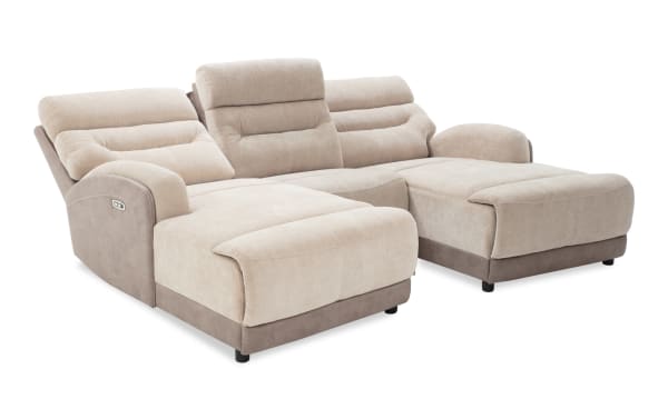 Phantom Beige 104'' power reclining 3-piece dual chaise sectional in plush beige polyester fabric with USB/USB-C ports, transitional style, and memory foam cushions.