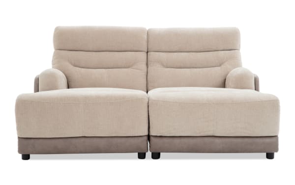 Beige Phantom 75'' power reclining dual chaise sofa with plush polyester fabric upholstery, transitional style, and built-in USB/USB-C ports.