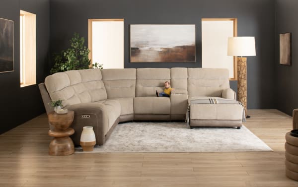 Phantom Beige 75'' Power Reclining Dual Chaise sectional in plush beige polyester fabric with power recline, USB/USB-C ports, and memory foam cushions.