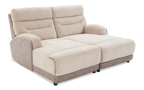 Phantom Beige 75'' Power Reclining Dual Chaise in transitional style, featuring plush beige polyester fabric, power recline, and built-in USB/USB-C ports.