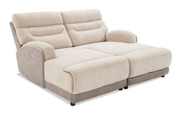 Phantom Beige 75'' power reclining dual chaise in plush beige polyester fabric with transitional style, USB and USB-C ports, and memory foam cushions.