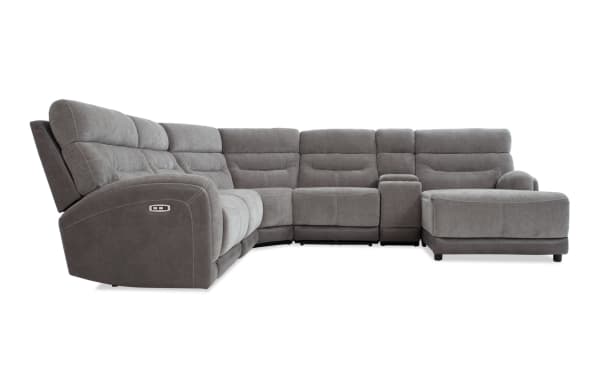 Phantom Gray 146'' Power Reclining 6 Piece Right Arm Facing Chaise Sectional in plush gray polyester fabric, transitional style with USB and USB-C ports, memory foam cushions.