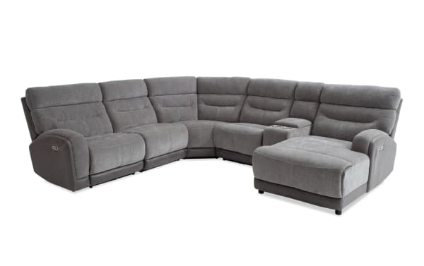 Phantom Gray 146'' power reclining 6-piece right arm facing chaise sectional in plush gray polyester fabric. Transitional style with built-in USB and USB-C ports, featuring Bob-O-Pedic memory foam cushions for enhanced comfort.