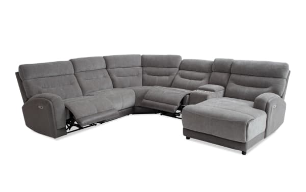 Phantom Gray 146'' transitional 6-piece right-arm chaise sectional with plush polyester fabric, power recline, USB/USB-C ports, and memory foam seating.