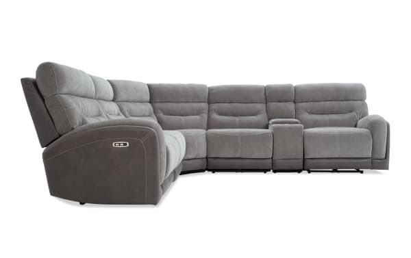 Phantom Gray 132" transitional 6-piece sectional sofa with plush polyester fabric, power reclining seats, built-in USB and USB-C ports, and memory foam cushions.