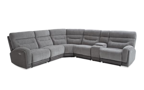 Phantom Gray 132'' transitional 6-piece sectional with plush polyester fabric, power recline, USB/USB-C ports, and memory foam seating.