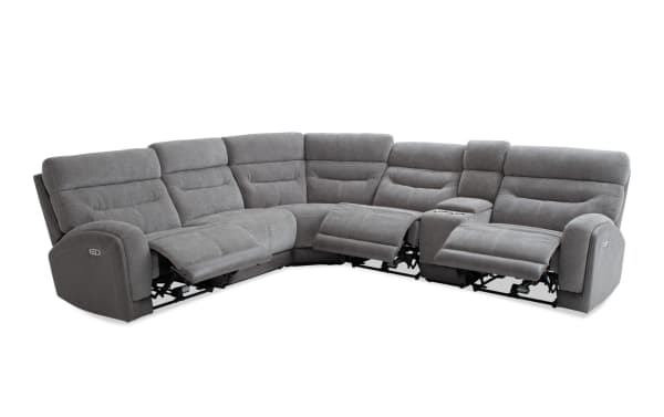 Phantom Gray 132'' power reclining 6-piece sectional in plush gray polyester fabric with USB/USB-C ports, memory foam cushions, and transitional style.
