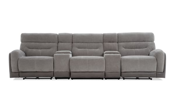 Phantom Gray 132'' power reclining 5-piece sectional with armless chair, plush gray polyester fabric, transitional style, USB and USB-C ports, and memory foam cushions.