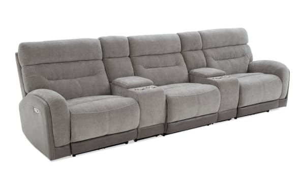 Phantom Gray 132'' power reclining 5-piece sectional with armless chair, plush gray polyester fabric, transitional style, built-in USB and USB-C ports, and memory foam cushions.