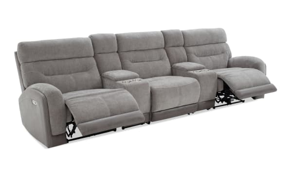 Phantom Gray 132'' power reclining 5-piece sectional with armless chair, plush gray polyester fabric, transitional style, USB and USB-C ports, memory foam cushions.