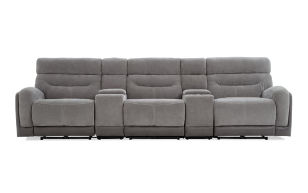 Phantom Gray 132'' transitional 5-piece sectional with plush gray polyester fabric, power reclining seats, armless recliner, and built-in USB/USB-C ports.