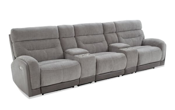 Phantom Gray 132" power reclining 5-piece sectional in plush gray polyester fabric with armless recliner, USB/USB-C ports, and transitional style upholstery.