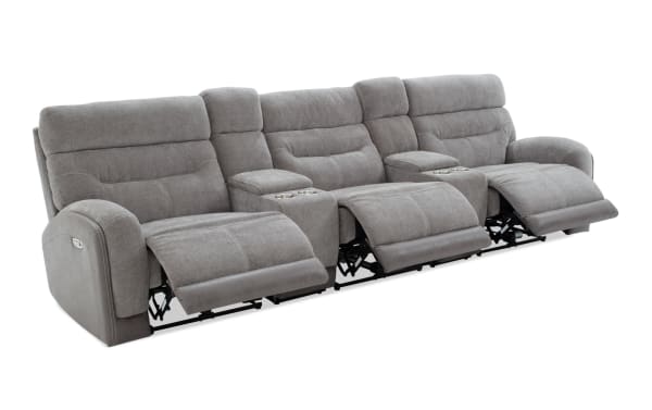 Phantom Gray 132'' power reclining 5-piece sectional with armless recliner, plush gray polyester fabric, transitional style, USB and USB-C ports, and memory foam cushions.