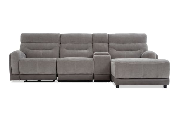 Phantom Gray 118'' power reclining 4-piece sectional with right arm chaise, armless chair, plush gray polyester fabric, USB and USB-C ports, transitional style.