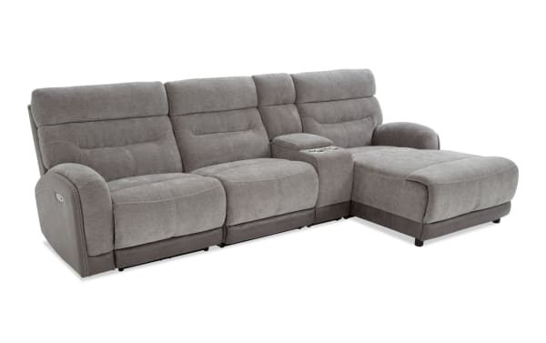 Phantom Gray 118" transitional sectional with right arm chaise, plush polyester fabric, power reclining seats, USB/USB-C ports, and memory foam cushions.