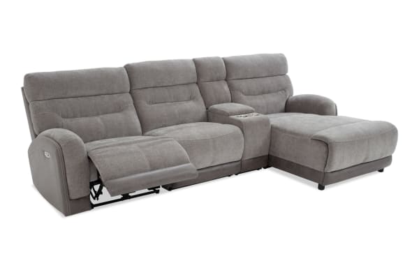 Phantom Gray 118" transitional 4-piece sectional with right arm chaise, plush gray polyester fabric, power recline, USB/USB-C ports, and memory foam.