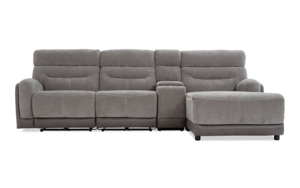 Phantom Gray 118'' transitional 4-piece sectional with right-arm chaise, plush polyester fabric, power recliners, armless recliner, and built-in USB/USB-C ports.