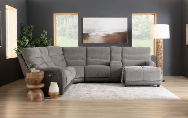 Phantom Gray 118'' transitional fabric sectional with plush polyester upholstery, power reclining seats, right arm chaise, armless recliner, and built-in USB/USB-C ports.