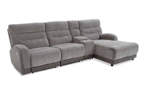 Phantom Gray 118" transitional sectional with right arm chaise, plush polyester fabric, power reclining seats, armless recliner, built-in USB/USB-C ports, and memory foam cushions.