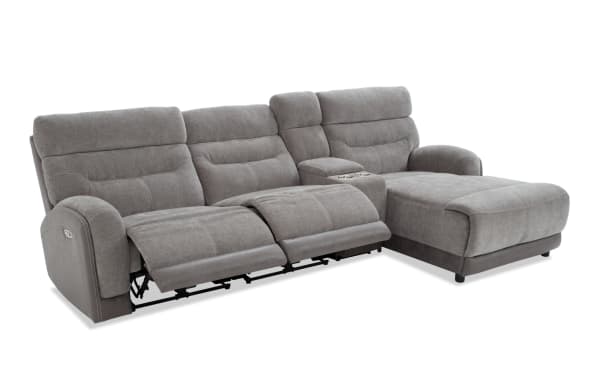 Phantom Gray 118'' transitional sectional with right arm chaise, armless power recliner, plush polyester fabric, USB and USB-C ports, memory foam cushions.