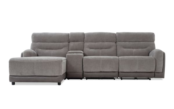 Phantom Gray 118'' transitional 4-piece sectional with left arm chaise, armless power recliner, plush polyester fabric, USB/USB-C ports, and memory foam.