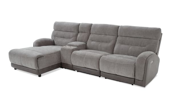 Phantom Gray 118" transitional 4-piece sectional with left arm chaise, armless recliner, plush polyester fabric, power recline, and built-in USB/USB-C ports.