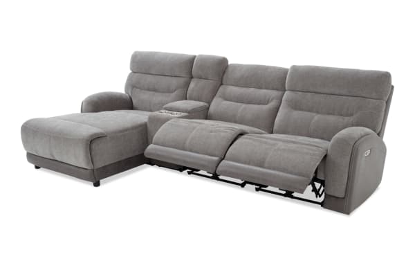 Phantom Gray 118'' transitional sectional with left-arm chaise, plush polyester fabric, power reclining seats, armless recliner, and built-in USB/USB-C ports.