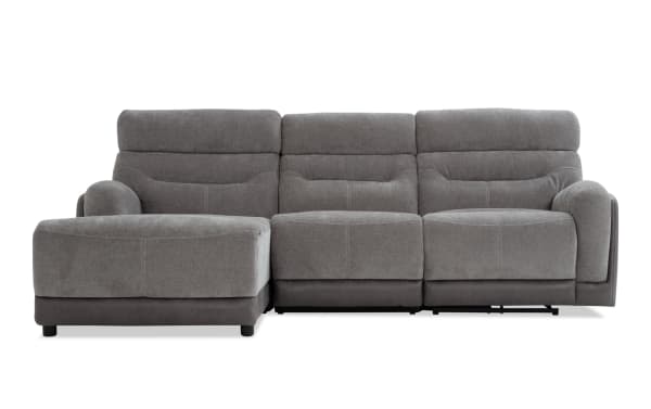 Phantom Gray 104" transitional 3-piece sectional with right-arm chaise, plush polyester fabric, power recline, USB/USB-C ports, and memory foam cushions.