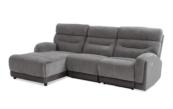Phantom Gray 104'' transitional 3-piece sectional with right arm chaise, plush polyester fabric, power recline, and built-in USB/USB-C ports.