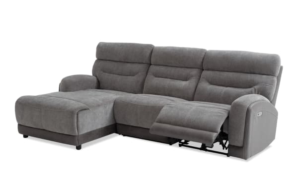 Phantom Gray 104'' power reclining 3-piece right arm facing chaise sectional with armless chair, plush gray polyester fabric, transitional style, USB/USB-C ports, and memory foam cushioning.