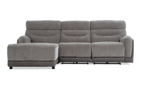 Phantom Gray 104" power reclining 3-piece sectional with left arm chaise, armless recliner, plush gray polyester fabric, USB and USB-C ports, transitional style.