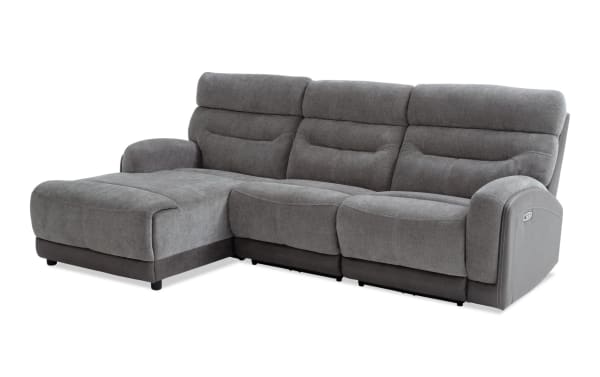 Phantom Gray 104" power reclining 3-piece sectional with left arm chaise, armless recliner, plush polyester fabric, USB and USB-C ports, transitional style.