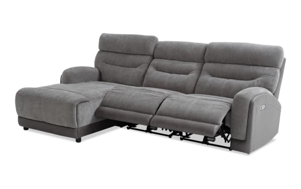 Phantom Gray 104" transitional 3-piece sectional with left arm chaise, power reclining armless seat, plush polyester fabric, USB/USB-C ports, and memory foam cushions.