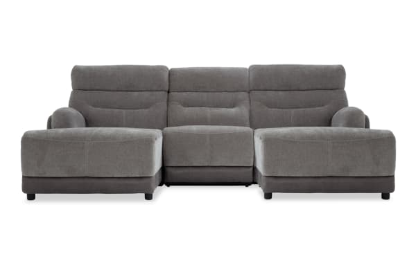 Phantom Gray 104'' power reclining 3-piece dual chaise sectional in plush gray polyester fabric, transitional style with USB/USB-C ports and memory foam cushions.