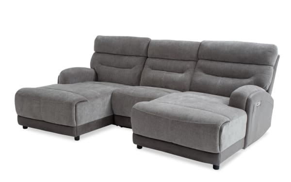 Phantom Gray 104'' power reclining 3-piece dual chaise sectional in plush gray polyester fabric with USB/USB-C ports, transitional style.