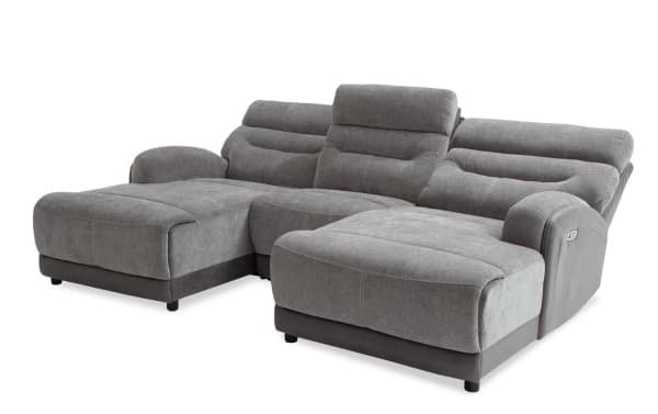 Phantom Gray 104'' power reclining 3-piece dual chaise sectional in plush gray polyester fabric with USB/USB-C ports, transitional style.