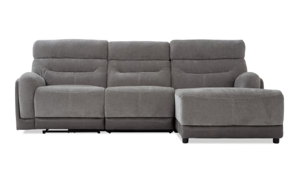 Phantom Gray 104'' transitional 3-piece sectional with left arm chaise, plush polyester fabric, power recline, USB/USB-C ports, and memory foam cushions.