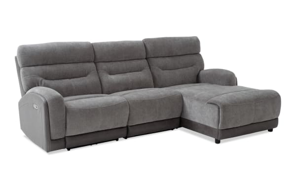 Phantom Gray 104'' transitional sectional with left arm chaise, plush polyester fabric, power recline, USB/USB-C ports, and memory foam cushions.