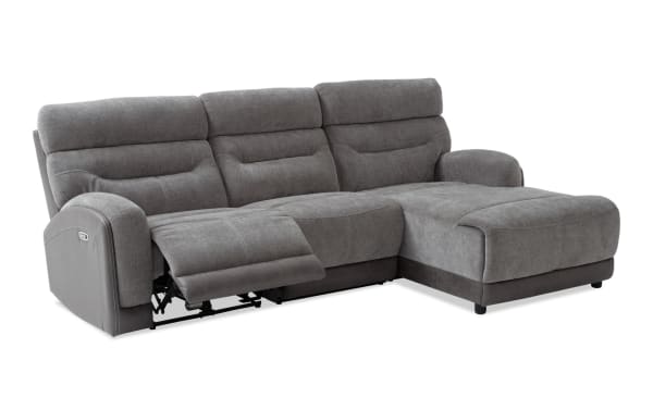 Phantom Gray 104" power reclining sectional with left arm chaise and armless chair, plush gray polyester fabric, transitional style, USB/USB-C ports, memory foam.