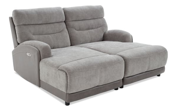 Phantom Gray 75'' power reclining dual chaise sofa in plush gray polyester fabric, transitional style with USB and USB-C ports, memory foam cushions.