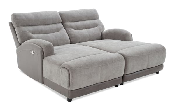 Phantom Gray 75'' power reclining dual chaise sofa in plush gray polyester fabric with transitional style, USB and USB-C ports, and memory foam cushions.