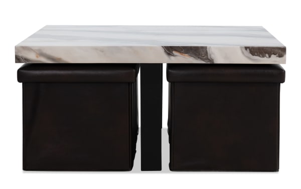 Luna White Coffee Table with faux marble MDF top and four brown polypropylene storage ottomans in transitional style for living room organization.