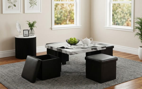 Luna White Coffee Table with faux marble top and four brown polypropylene storage ottomans in transitional style, featuring MDF frame and sleek design.