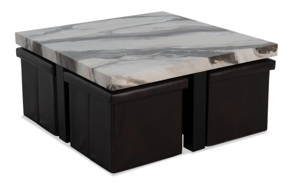 Luna White Coffee Table with faux marble MDF top and four brown polypropylene storage ottomans in transitional style.