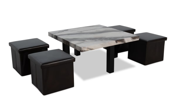 Luna White Coffee Table with faux marble MDF top and four brown polypropylene storage ottomans in transitional style, offering elegant design and functional storage.